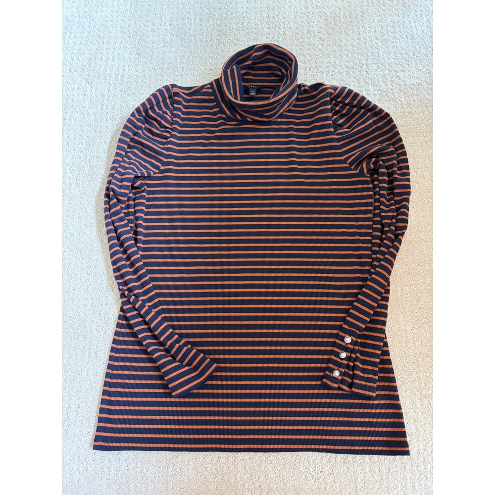 Talbots Turtleneck Top Medium Navy Orange Striped Button Cuffs Puffed Shoulder